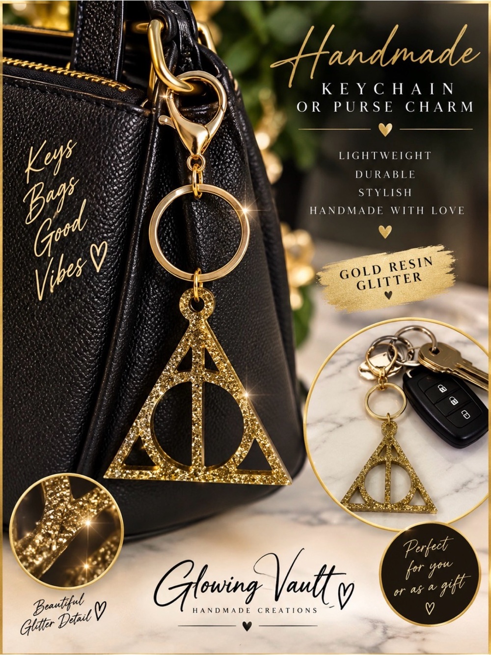 Gold Resin Glitter Deathly Hallows Keychain - Handmade Purse Charm